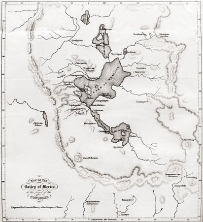 Map of the Valley of Mexico at the Time of the Conquest, from History of The Conquest of Mexico, published 1850 by Unbekannt Unbekannt